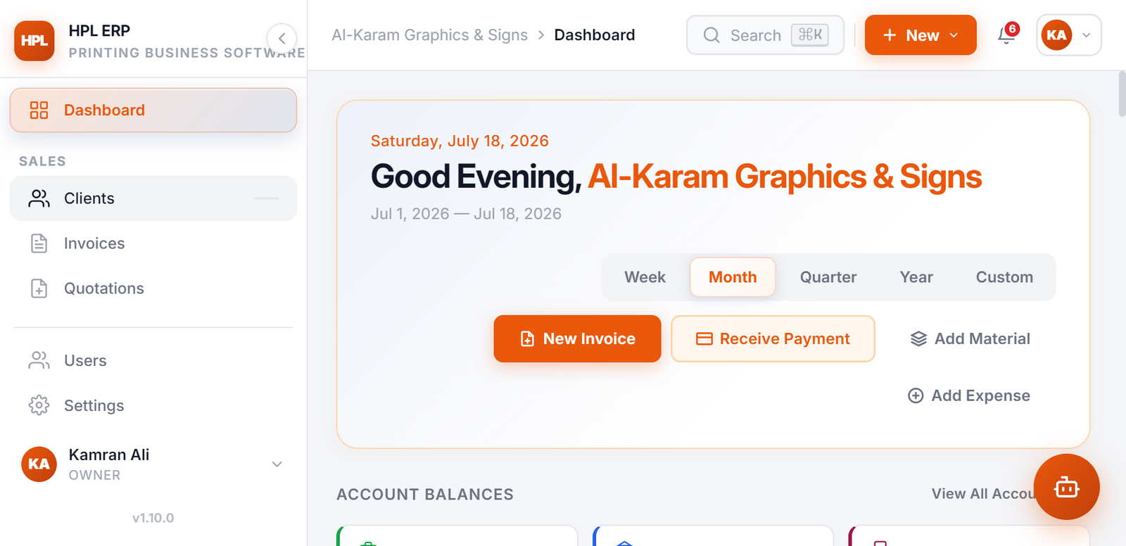 HPL dashboard — sales, accounts and reports in one screen
