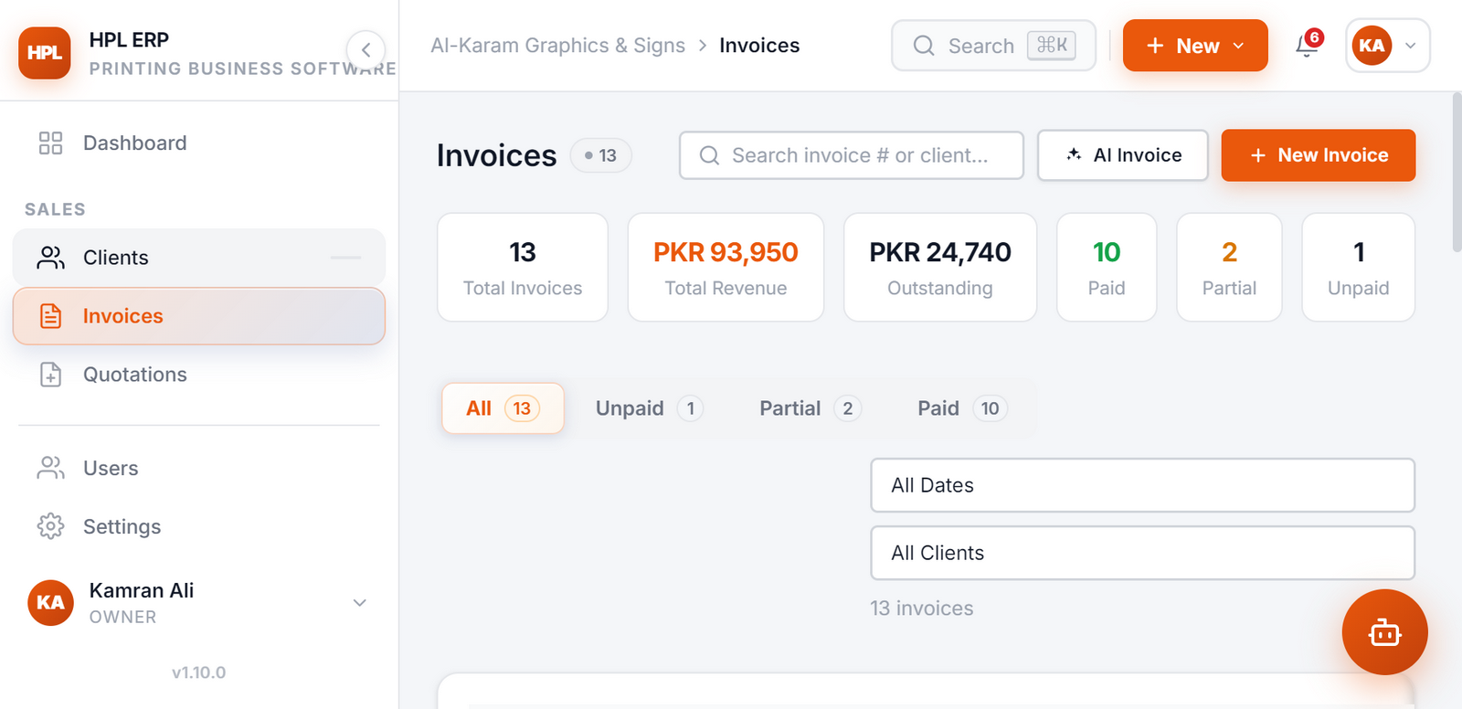 HPL invoices — sqft, qty and fixed billing